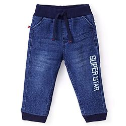 Babyhug Cotton Spandex Full Length Stretchable Washed Joggers with Text Print - Blue