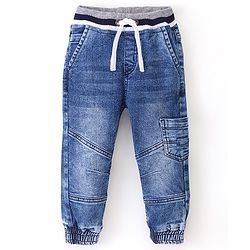 Babyhug Denim Full Length Washed Jogger With Stretch - Blue