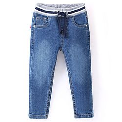 Babyhug Cotton Full Length Washed Denim Jogger with Stretch - Dark Blue