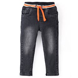 Babyhug Cotton Full Length Washed Denim Jogger with Stretch - Charcoal