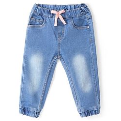 Babyhug Cotton Denim Washed Full Length Jogger with Stretch - Mid Blue