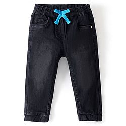 Babyhug Cotton Denim Washed Full Length Jogger with Stretch - Black