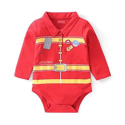 Babyhug 100 % Cotton Knit Full Sleeves Firefighter Theme Printed Onesie - Red
