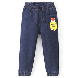 Babyhug Cotton Spandex Full Length Stretchable Joggers with Fox Print - Dark Blue