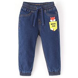 Babyhug Cotton Spandex Full Length Stretchable Joggers with Fox Print - Dark Blue