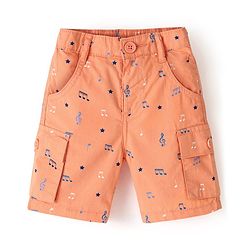 Babyhug 100% Cotton Woven Above Knee Length Bermuda Music Note Print - Light Orange