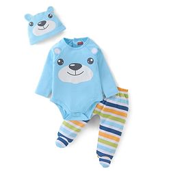 Babyhug 100% Cotton Full Sleeves Onesies with  Leggings & Cap Bear Print - Blue