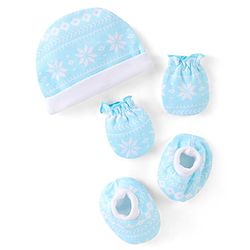 Babyhug  100% Cotton Knit Cap Mittens & Booties Floral Print Blue - Diameter 12 cm