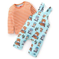 Babyhug 100% Cotton Knit Animal Print Dungaree with Full Sleeves Stripe Inner Tee - Orange & Light Blue