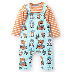 Babyhug 100% Cotton Knit Animal Print Dungaree with Full Sleeves Stripe Inner Tee - Orange & Light Blue