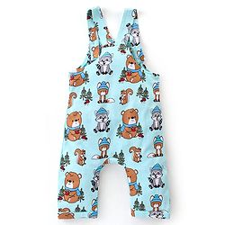 Babyhug 100% Cotton Knit Animal Print Dungaree with Full Sleeves Stripe Inner Tee - Orange & Light Blue