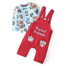 Babyhug 100% Cotton Knit Dungaree with Full Sleeves Inner Tee Animals Print - Light Blue & Red