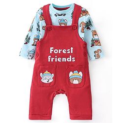 Babyhug 100% Cotton Knit Dungaree with Full Sleeves Inner Tee Animals Print - Light Blue & Red