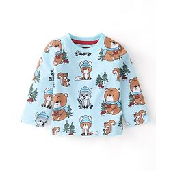 Babyhug 100% Cotton Knit Dungaree with Full Sleeves Inner Tee Animals Print - Light Blue & Red