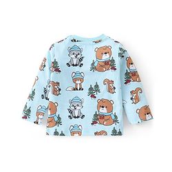 Babyhug 100% Cotton Knit Dungaree with Full Sleeves Inner Tee Animals Print - Light Blue & Red