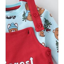 Babyhug 100% Cotton Knit Dungaree with Full Sleeves Inner Tee Animals Print - Light Blue & Red