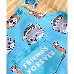 Babyhug 100% Cotton Knit Raccoon & Bear Printed Dungaree with Full Sleeves Striped Inner Tee - Blue & Orange