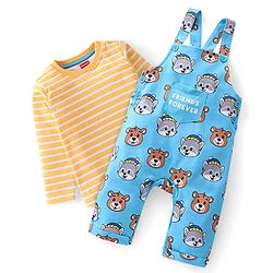 Babyhug 100% Cotton Knit Raccoon & Bear Printed Dungaree with Full Sleeves Striped Inner Tee - Blue & Orange