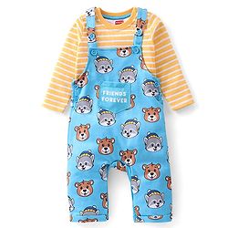 Babyhug 100% Cotton Knit Raccoon & Bear Printed Dungaree with Full Sleeves Striped Inner Tee - Blue & Orange