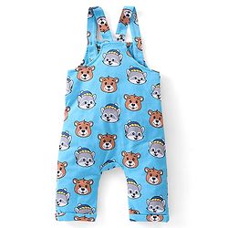 Babyhug 100% Cotton Knit Raccoon & Bear Printed Dungaree with Full Sleeves Striped Inner Tee - Blue & Orange
