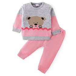 Babyhug Knit Full Sleeves Sweater Set Teddy Design - Grey & Pink