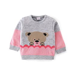 Babyhug Knit Full Sleeves Sweater Set Teddy Design - Grey & Pink