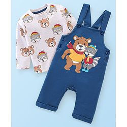 Babyhug 100% Cotton Knit Dungaree with Full Sleeves Inner Tee Teddy Print - Navy Blue & White Melange