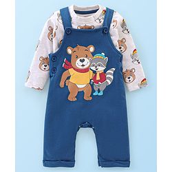 Babyhug 100% Cotton Knit Dungaree with Full Sleeves Inner Tee Teddy Print - Navy Blue & White Melange