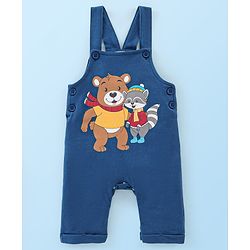 Babyhug 100% Cotton Knit Dungaree with Full Sleeves Inner Tee Teddy Print - Navy Blue & White Melange