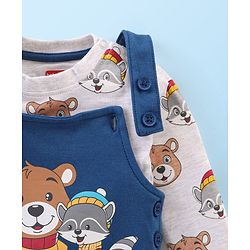 Babyhug 100% Cotton Knit Dungaree with Full Sleeves Inner Tee Teddy Print - Navy Blue & White Melange