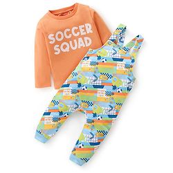 Babyhug 100% Cotton Knit Dungaree with Full Sleeves Inner Tee Soccer Ball Print - Peach