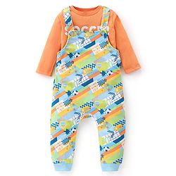 Babyhug 100% Cotton Knit Dungaree with Full Sleeves Inner Tee Soccer Ball Print - Peach