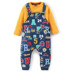 Babyhug Single Jersey Woven Dungaree with Full Sleeves T- Shirt Text Printed - Orange & Navy Blue