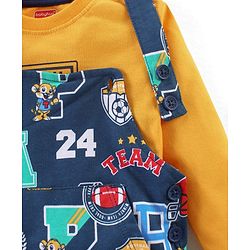 Babyhug Single Jersey Woven Dungaree with Full Sleeves T- Shirt Text Printed - Orange & Navy Blue