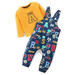 Babyhug Single Jersey Woven Dungaree with Full Sleeves T- Shirt Text Printed - Orange & Navy Blue