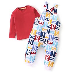 Babyhug 100% Cotton Knit Letters Print Dungaree with Full Sleeves Inner Tee - Red
