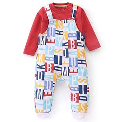 Babyhug 100% Cotton Knit Letters Print Dungaree with Full Sleeves Inner Tee - Red