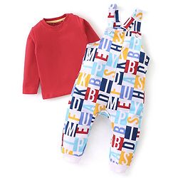 Babyhug 100% Cotton Knit Letters Print Dungaree with Full Sleeves Inner Tee - Red
