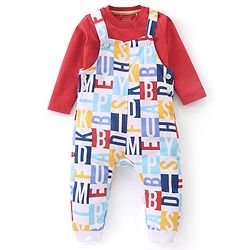 Babyhug 100% Cotton Knit Letters Print Dungaree with Full Sleeves Inner Tee - Red