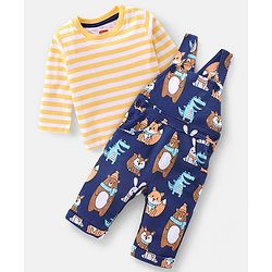 Babyhug 100% Cotton Knit Bear Print Dungaree with Full Sleeves Stripe Inner Tee - Yellow & Blue