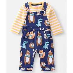 Babyhug 100% Cotton Knit Bear Print Dungaree with Full Sleeves Stripe Inner Tee - Yellow & Blue