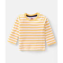 Babyhug 100% Cotton Knit Bear Print Dungaree with Full Sleeves Stripe Inner Tee - Yellow & Blue
