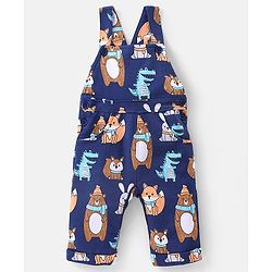 Babyhug 100% Cotton Knit Bear Print Dungaree with Full Sleeves Stripe Inner Tee - Yellow & Blue