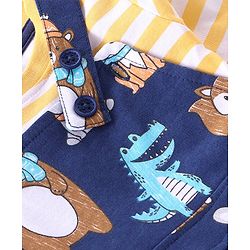 Babyhug 100% Cotton Knit Bear Print Dungaree with Full Sleeves Stripe Inner Tee - Yellow & Blue
