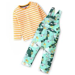 Babyhug 100% Cotton Knit Full Sleeves Inner Tee with Jungle Theme Printed  Dungaree - Orange Green