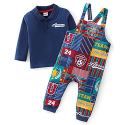 Babyhug Cotton Knit Dungaree with Full Sleeves T-Shirt Graphics Print - Multicolour