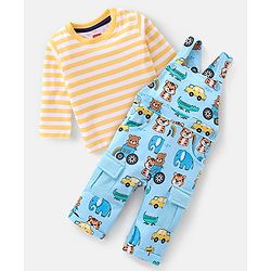 Babyhug 100% Cotton Knit Elephant Print Dungaree with Full Sleeves Stripe Inner Tee - Orange & Blue