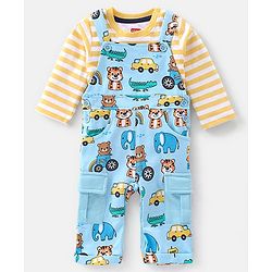 Babyhug 100% Cotton Knit Elephant Print Dungaree with Full Sleeves Stripe Inner Tee - Orange & Blue
