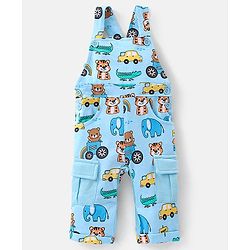 Babyhug 100% Cotton Knit Elephant Print Dungaree with Full Sleeves Stripe Inner Tee - Orange & Blue