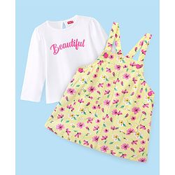Babyhug 100% Cotton Frock With Full Sleeves Inner Tee Floral Print- Yellow Pink & White
